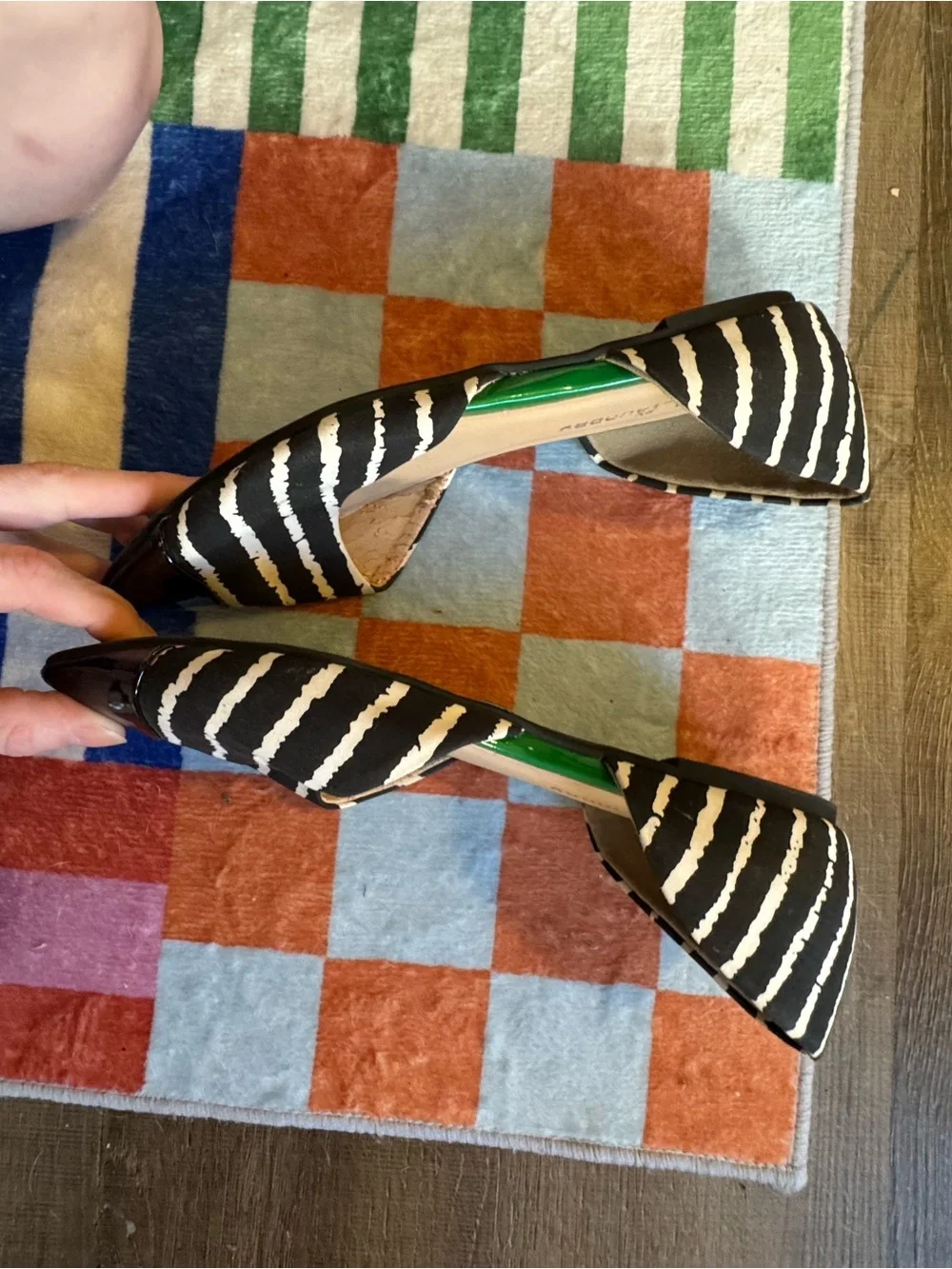 CL by Laundry Black and White Striped Pointed D'Orsay Flats with Patent Toe